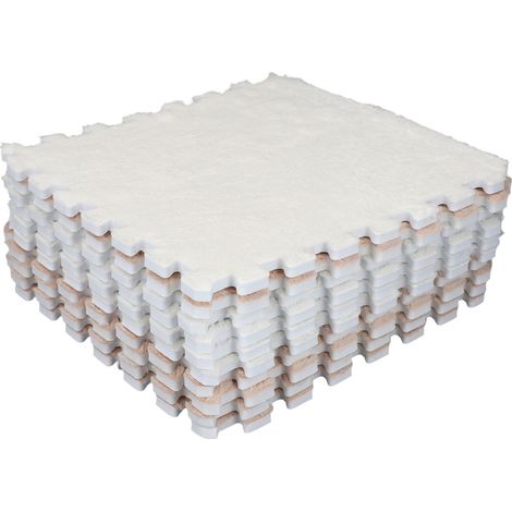 Lot de 10 tapis de sol en mousse pelucheuse lavables et emboîtables, découpés et doux, type puzzle, pour salon et chambre. 5 pièces couleur camel + 5 pièces blanches. (1/5)