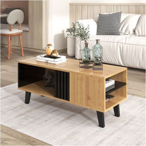 Table Basse 100x60x45 cm - Table basse salon design bicolore bois et noir avec tiroirs et grand espace de rangement pratique. (1/5)