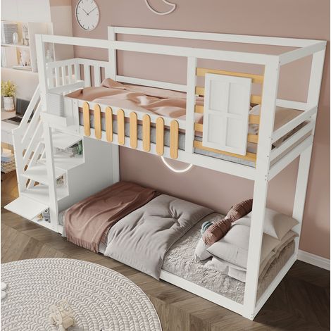 Etagenbett Massivholz/MDF Weiß/Natur 90x200 cm mit Treppe, Stauraum und Fallschutz (1/5)