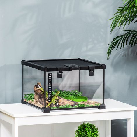 Boîte à Reptiles, Habitat de Terrarium Transparent, Couvercle Coulissant en Treillis Métallique, 30 x 30 x 20 cm, Noir (1/5)