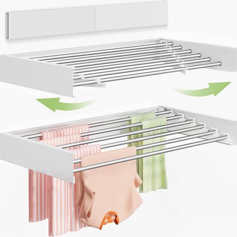 Étendoir à Linge Mural 100 cm, Séchoir Mural Pliable pour Intérieur, Séchoir à Linge Rabattable, Porte-Serviettes avec Gabarit de Perçage, 6 Barres, Blanc