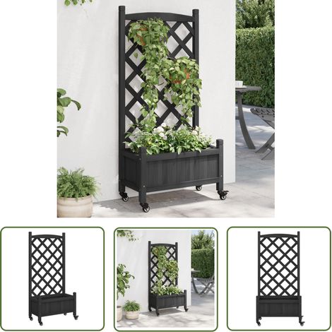 The Living Store Jardinière avec treillis et roues noir bois massif de sapin - Jardinierre Extérieure - Jardinière Design - Pot Plante Grimpante - Pot Fleuri - Bac Plantation (1/5)