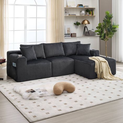 Canapé modulable 3 places en velours côtelé gris avec méridienne, coussins et porte-gobelets, canapé lounge DIY avec poches latérales pour salon (1/5)