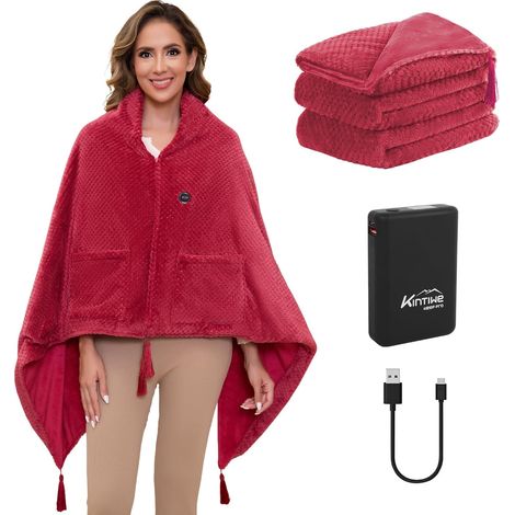 Couverture Chauffante USB avec Batterie 20000 mAh, Électrique Couverture Chauffante sans Fil Portable avec 4 Zones de Chauffage, 3 Niveaux de Température (Rouge, 100 x 150 cm) (1/5)