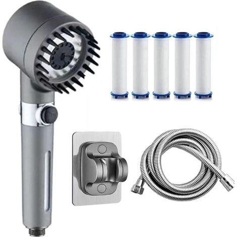 Conjunto multifuncional de ducha de mano con filtro, color plata (incluye manguera de acero inoxidable de 1,5 m, 5 elementos filtrantes y base no porosa, con cuatro velocidades). (1/5)