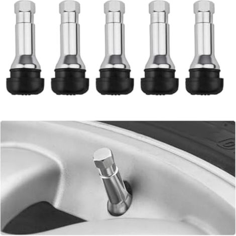 KVAEY Lot de 5 tiges de valve de pneu TR413AC en caoutchouc chromé sans chambre à air pour trous de jante de 1,2 cm, tiges de valve en métal encliquetables pour pneus de véhicule standard, accessoires (1/5)