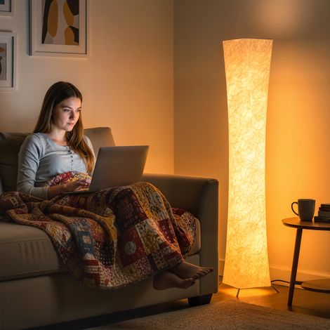 Lampadaire sur pied avec abat-jour en papier - interrupteur au pied - 3 niveaux de luminosité - blanc - Pratique