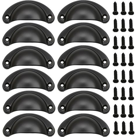 12 Poignée de Coquille Vintage pour Tiroir Armoire Meuble Cuisine, Fer Incurvé Bouton de Porte de Placard Retro 8,2 cm x 3,5 cm Noir (1/5)