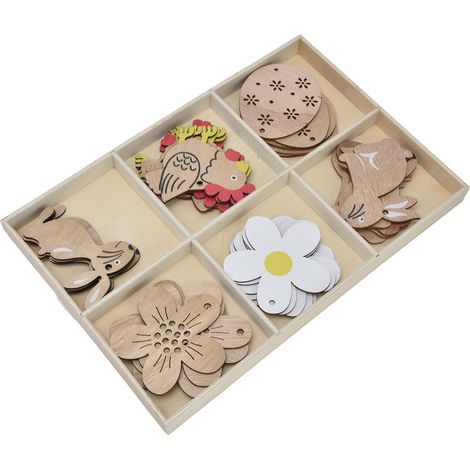 Lot de 30 pendentifs de Pâques en bois : lapin, fleur, poule, œufs. Décoration en bois durable et attrayante pour vos créations DIY. (1/5)