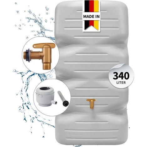 GARANTIA CUBUS Regentonnen Komplett-Set 340 Liter betongrau inkl. Kunststoff-Auslaufhahn und Fallrohranschluss (1/5)