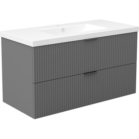 Océan Meuble de salle de bain mural Anthracite 100 cm - 2 tiroirs, lavabo inclus (1/5)