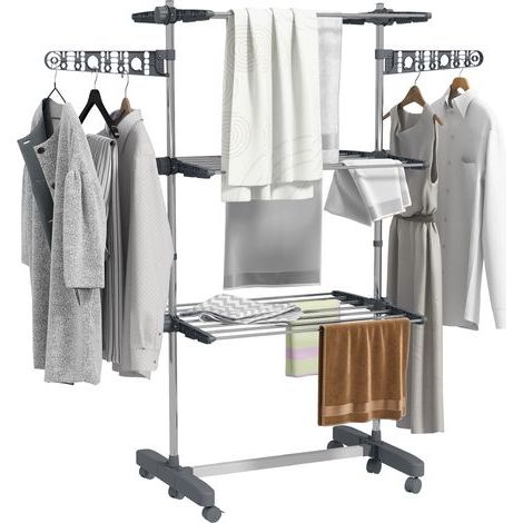 Étendoir à linge. 4 niveaux, pliable, système de pliage en un clic, 142 cm x 55 cm x 152 cm, bleu et argent (1/5)