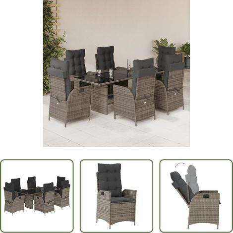 vidaXL Gartentisch - 7-tlg. Garten-Essgruppe mit Kissen Grau Poly Rattan (1/5)