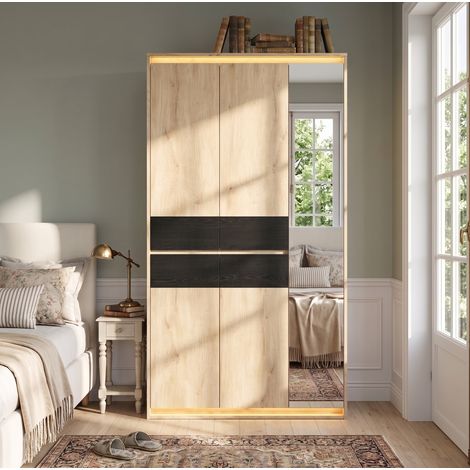 MODFU – Armadio 110x47x200 cm in MDF con specchio, LED, 4 cassetti, 9 nicchie, 2 appendiabiti e carico 30/20 kg – Rovere (1/5)