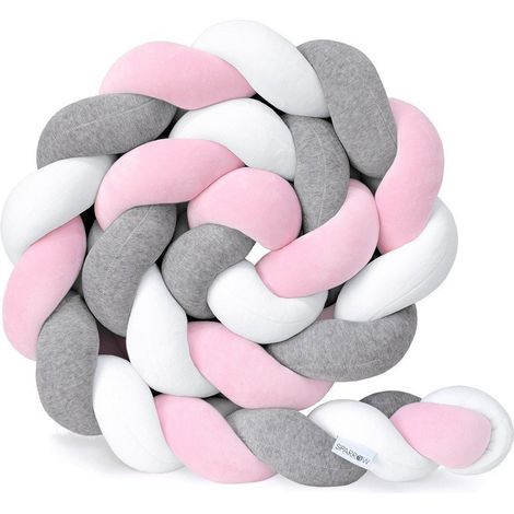 Promotion Tour de lit bébé—1.5M Tour De Lit Coussin Serpent Coussin Tresse Pare-Chocs Velours Protection Bebe Cloture En Tissu Anti-Collision (Blanc+Gris+Rose) (1/3)