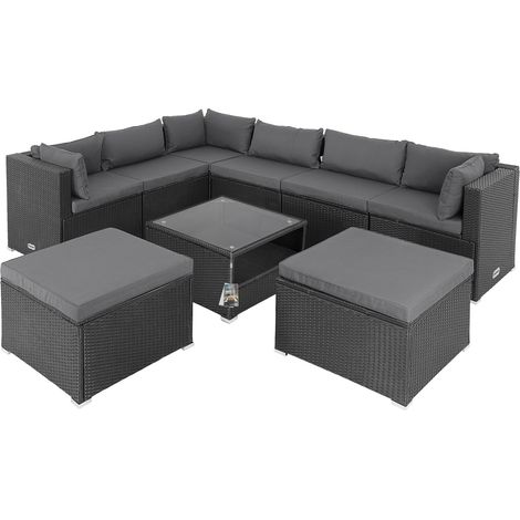 CASARIA® Polyrattan Garden Corner Lounge Furniture Set 8 Seat Weatherproof Seating Group 5mm Thick Safety Glass Top Coffee Table Outdoor Patio Sofa Cushions black/anthracite