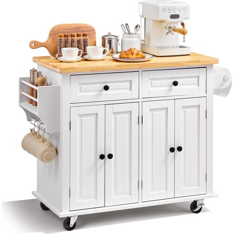 Plan en Bois Massif Îlot Central Desserte de Cuisine à Roulettes 2 Tiroirs 2 Portes et Porte-Épices pour Cuisine (1/5)