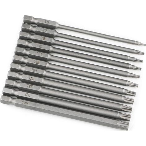 Set de 11 embouts Torx magnétiques extra longs 100mm, six pans hexagonaux, pour vis cruciformes et à tête étoilée, outillage professionnel robuste. (1/5)