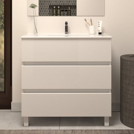 Meuble sous vasque seul, 3 tiroirs, 60cm, pour simple vasque - blanc brillant - MAYOR