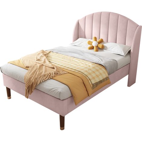 Lit Simple 90×200 cm, Lit 1 Place avec Tête de Lit Rembourrée, sans Matelas, en Velours, Rose (1/5)
