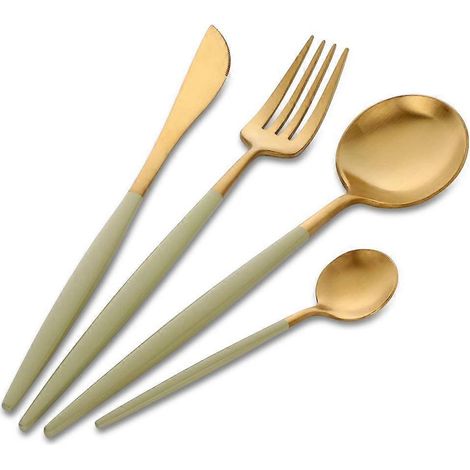 Ensemble de couverts 20244 pièces or et vert, service de table en acier inoxydable Buyer Star, couteau et fourchette dorés (1/5)