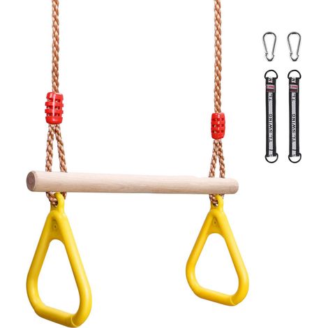 Balançoire multifonctionnelle trapézoïdale pour enfants, en bois avec anneaux de gymnastique en plastique pour se suspendre, capacité de charge jusqu'à 120 kg, jaune (1/5)