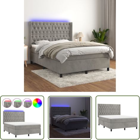 The Living Store Sommier à lattes de lit matelas et LED Gris clair 140x200 cm - Lit Plateforme - Lit Capitonné - Lit Design - Lit Velours - Lit Avec Éclairage Led (1/5)