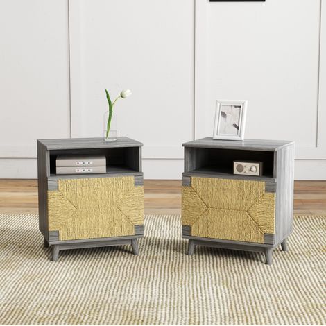 MODFU – Set di 2 comodini 48x35x58 cm in legno ingegnerizzato con anta push-to-open, mensola regolabile e portata 45 kg – Grigio (1/5)
