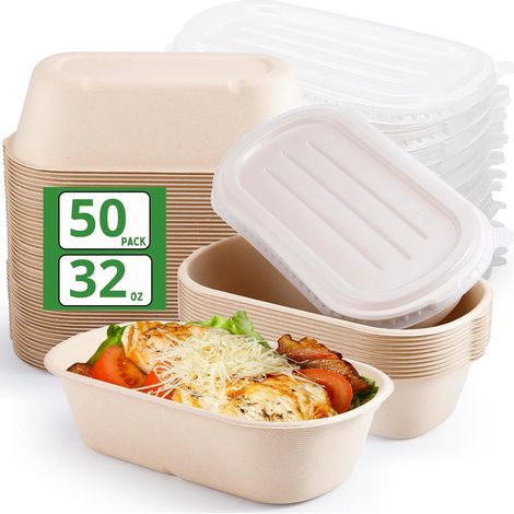 50er-Packung Kraftpapierschalen mit Deckel, 1000 ml/32 oz, wiederverwendbare Salatschalen für unterwegs, ideal für Mittagessen im Büro oder auf Reisen. (1/5)