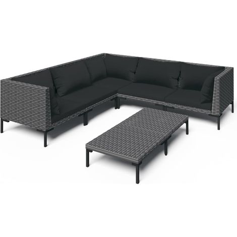 6 PCS conj. Garden Lounge con cojines de mimbre gris oscuro (1/5)