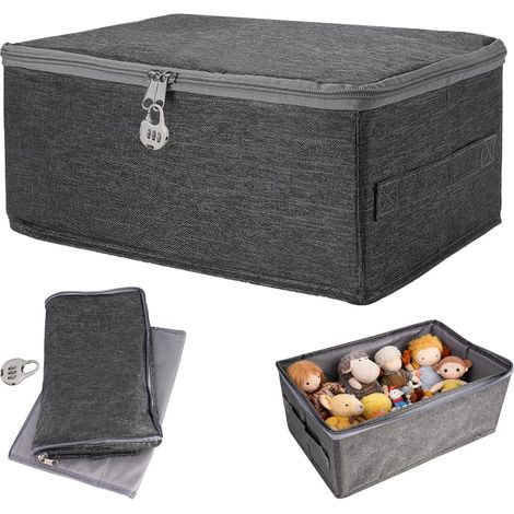BoîTe De Rangement Verrouillable avec Couvercle en Tissu, 30 x 20 x 14 cm Boite Fermeture A Clef, Pliable Boite Verrouillable, Facile à nettoyer, pour Médicaments, Jouets, Bonbons, Chambre, Gris (1/5)