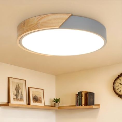 Plafonnier LED 30 cm, 24 W, gris, finition imitation bois, idéal pour les salons, les chambres, les cuisines et les couloirs. (1/5)