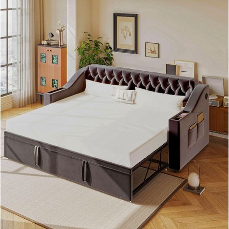 Sofá cama 90x190 cm gris en terciopelo con USB, Type-C y almacenaje (1/5)