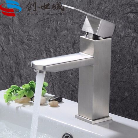 Robinet carré à croisillons en acier inoxydable 304 pour lavabos, vasques et lave-mains de salle de bain (eau chaude et froide) - finition brossée, style bas
