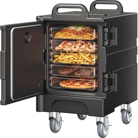 Conteneur Isotherme pour Plateau Gastronorme 75 L, Boîte de Transport Empilable, Chargement Frontal, avec Doubles Boucles, Poignées et Roulettes, Porte-plateaux pour Restauration, SANS BAC INOX (1/5)