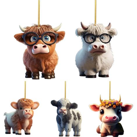 Lot de cinq pendentifs vache cartoon pour décoration intérieure et extérieure acrylique pour sapin de Noël et accessoires de voiture