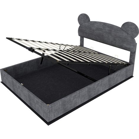 Letto imbottito bambini con orecchie tonde e contenitore, velluto grigio, 140x200, HOMVRA (1/5)