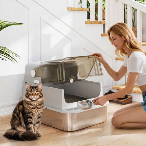 Maison de Toilette pour Chat XXL en Inox, Couvercle 90°, Double Porte, Filtre Frontal, Pelle, 70x50x46,5cm, Gris (1/5)
