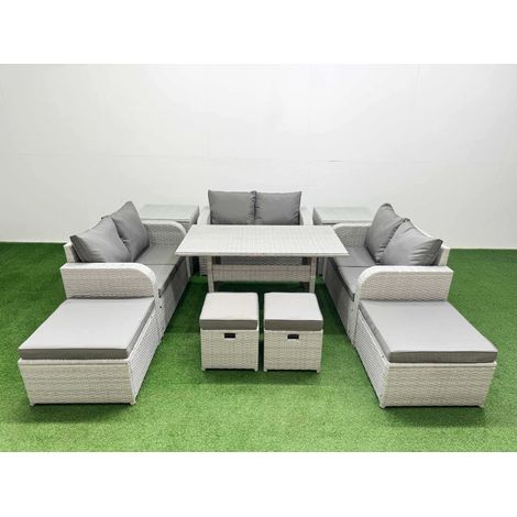 Fimous PE Rattan Lounge Sofa Set 10 Seater Outdoor Garden Furniture Set with Dining Table Love Sofa 2 Big Footstools 2 Small Stool 2 Side Tables Light Grey (1/4)