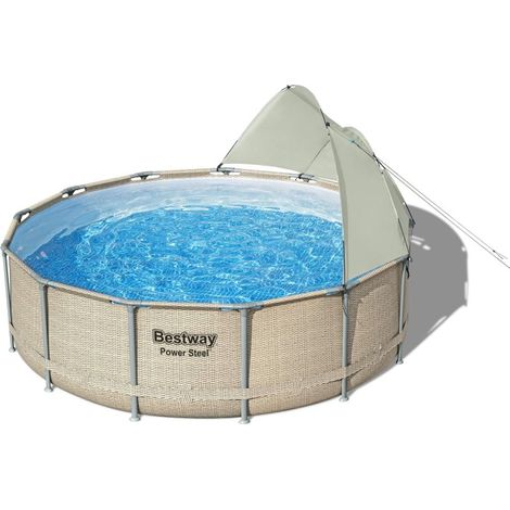 Bestway Piscine hors sol tubulaire ronde Bestway Power Steel 396 x 107 cm décor rotin beige avec auvent