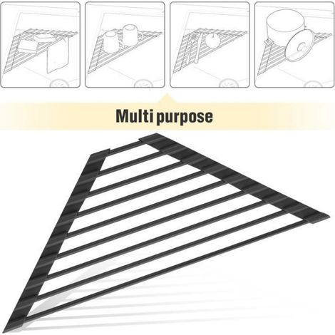 Petit égouttoir à vaisselle triangulaire enroulable avec cadre en acier inoxydable recouvert de silicone pour évier d'angle, (1/5)