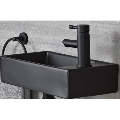 Milano Nero Black Ceramic Wall Hung Bathroom Basin Sink with One Tap Hole - 400mm x 220mm (1/3)
