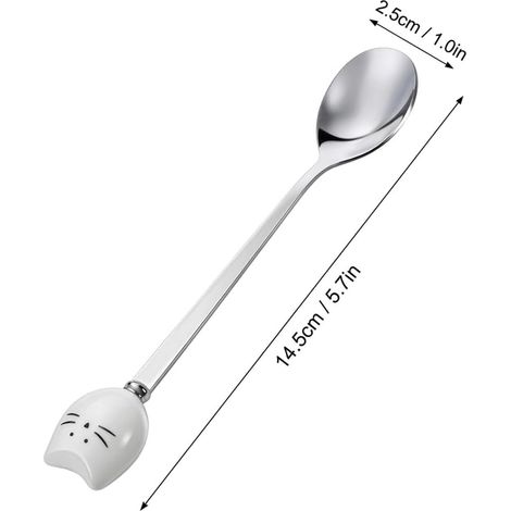 Lot de 2 cuillères à café en forme de chat - Cuillères blanches pour remuer le café, le thé et la crème glacée - Cuillères décoratives pour la cuisine, les cafés et un usage quotidien (1/5)