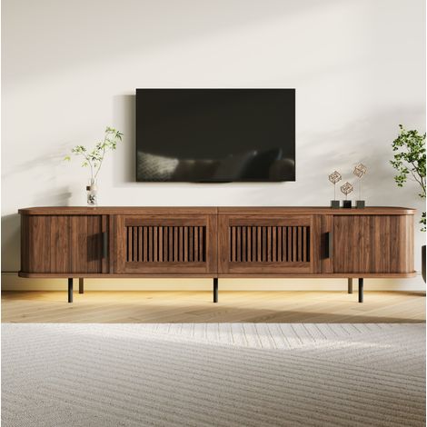 TV Lowboard (180x40x44,5 cm), abgerundet, mit Schiebetüren, LED Beleuchtung, MDF und PB, Nussbaum (1/5)