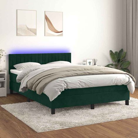 Cama box spring colchón y LED terciopelo verde oscuro 140x200cm (1/5)