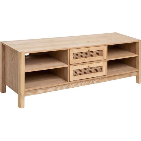 Meuble TV bois et cannage rotin coloris beige - Longueur 140 x Profondeur 40 x Hauteur 49,5 cm -PEGANE-