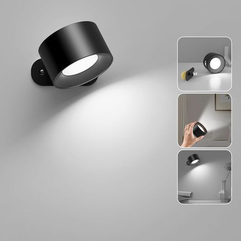 Noir,360° Applique Murale Interieur, Lampe Murale Sans Fil LED Rechargeable Tactile, Rotation de Applique Murale Chambre 3 Températurs de Couleur et Luminosité Réglable (1/5)
