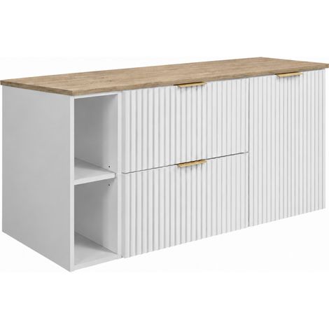Set di mobili da bagno, 2 cassetti, 1 anta, chiusura ammortizzata, Bianco / piano Rovere Chiaro, maniglie dorate, 120 x 46 x 57 cm (1/5)