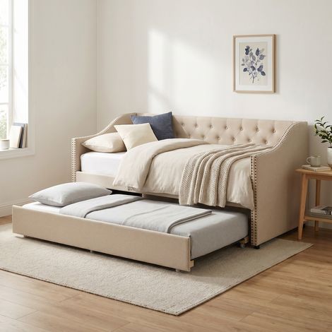 Tagesbett 90x200 cm, Ausziehbett mit Rollrost, Leinen, Chesterfield-Stil, Beige (1/5)