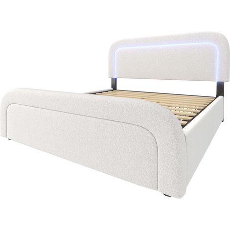 Cama doble capitoné 140x200 cm con LED, USB-C, 4 cajones, somier de madera, blanca (1/5)